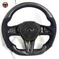 Infiniti Q60 custom steering wheel with carbon fiber frame Alcantara grips white stitching and flat bottom performance design by CJ Mod Garage