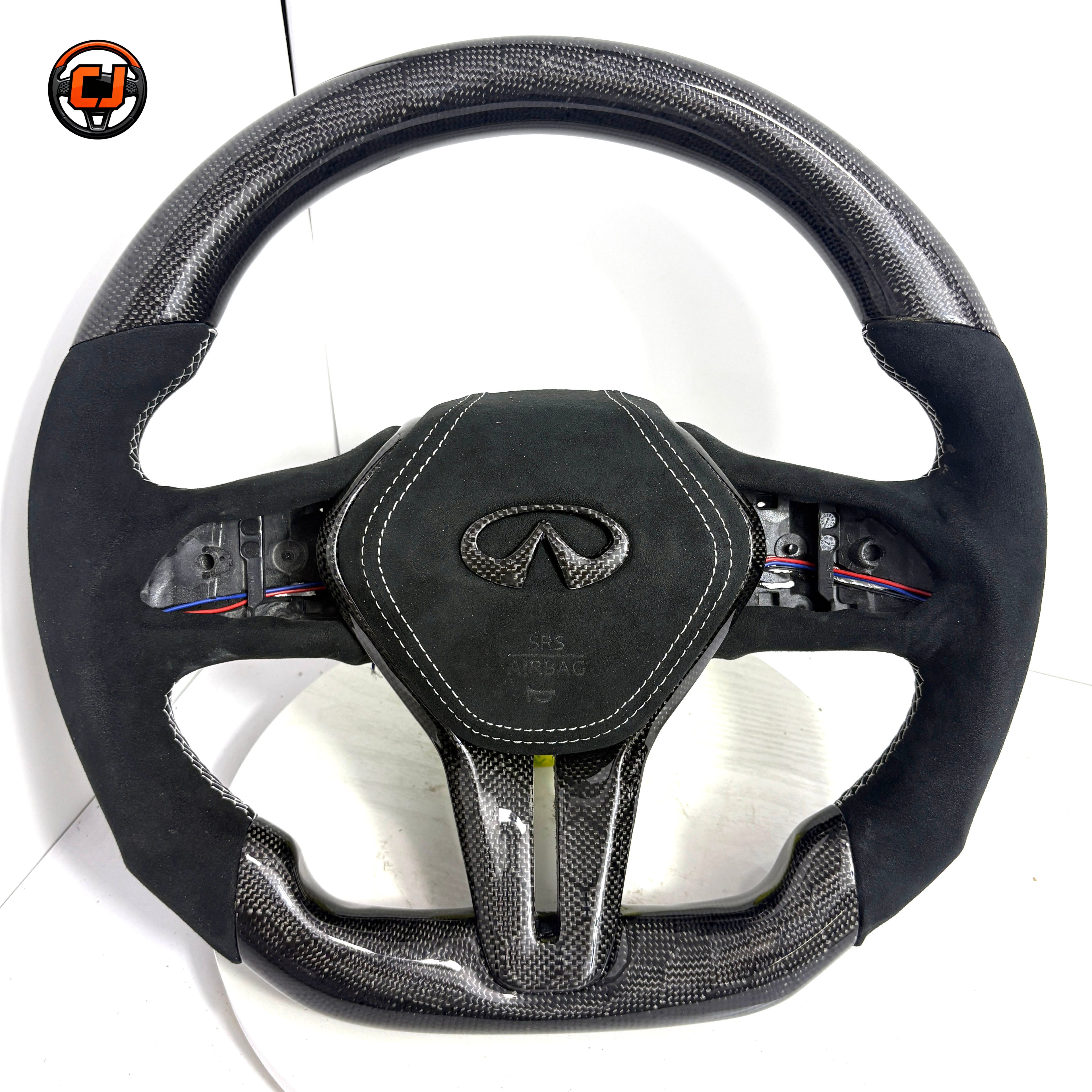 Infiniti Q60 custom steering wheel with carbon fiber frame Alcantara grips white stitching and flat bottom performance design by CJ Mod Garage