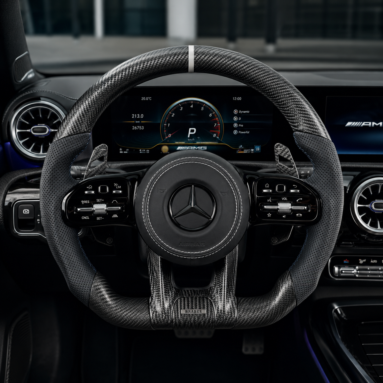 Mercedes AMG matte carbon fiber steering wheel with white stripe black leather grips for W117 W176 W177 W205 W213 C43 C63 C200 C300 CJ Mod Garage