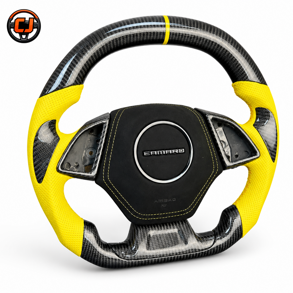 Custom Chevrolet Camaro carbon fiber steering wheel with yellow perforated leather grips black suede airbag cover yellow stitching and flat bottom shape