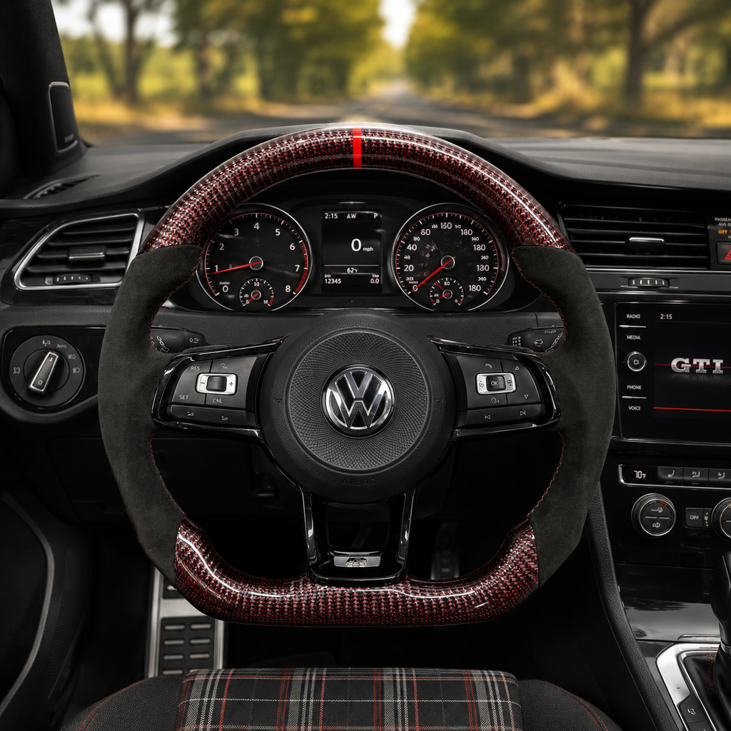 VW Golf GTI Mk7 and Mk7 5 2013 to 2020 red woven carbon suede flat bottom wheel cabin CJ Mod Garage