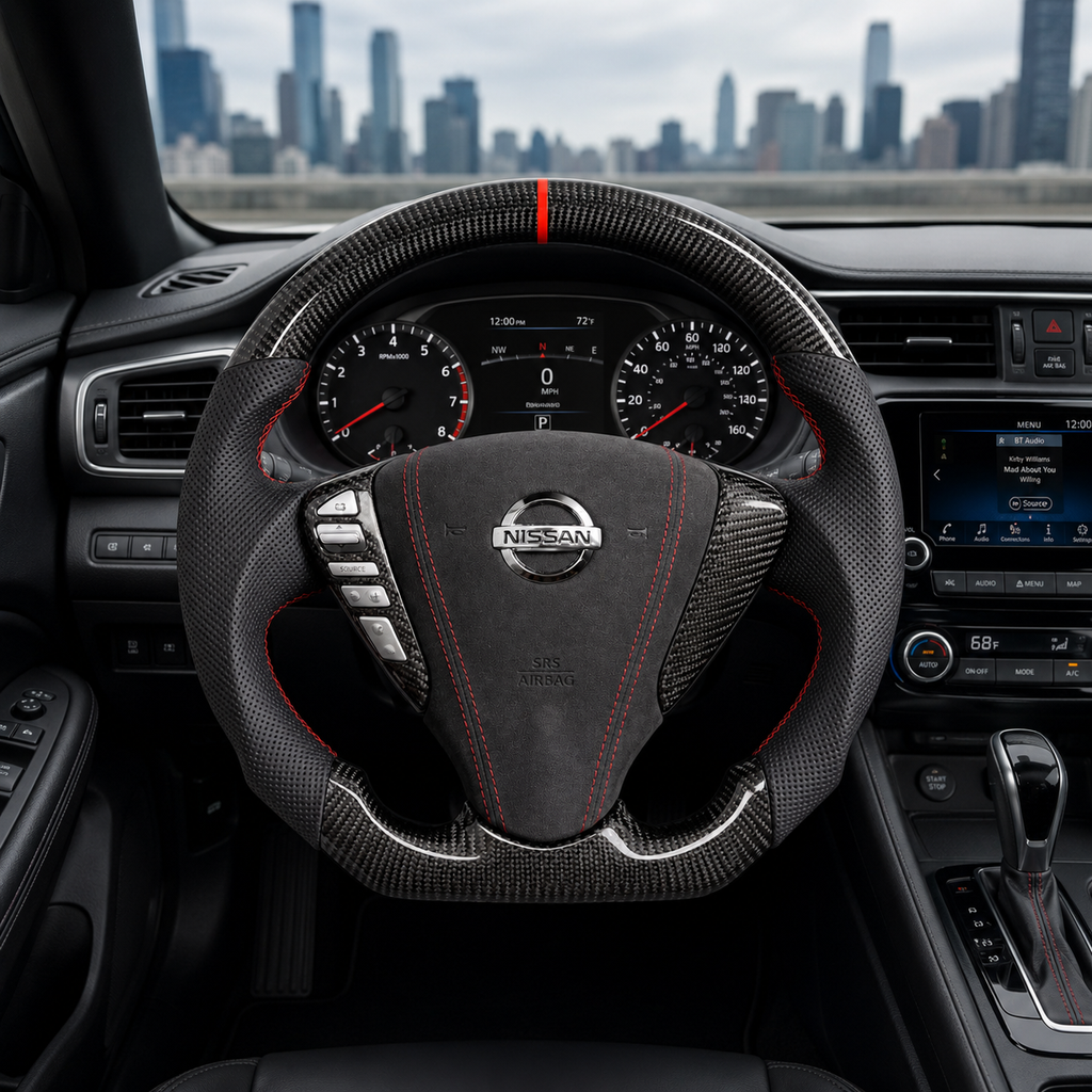 Nissan Sylphy Sentra custom carbon fiber steering wheel with Alcantara airbag cover red stitching perforated leather grips and racing center stripe by CJ Mod Garage