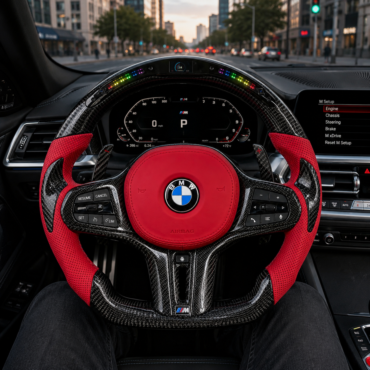 BMW LED carbon fiber steering wheel with red perforated leather grips installed in BMW G80 G82 G20 interior, custom flat-bottom design by CJ Mod Garage