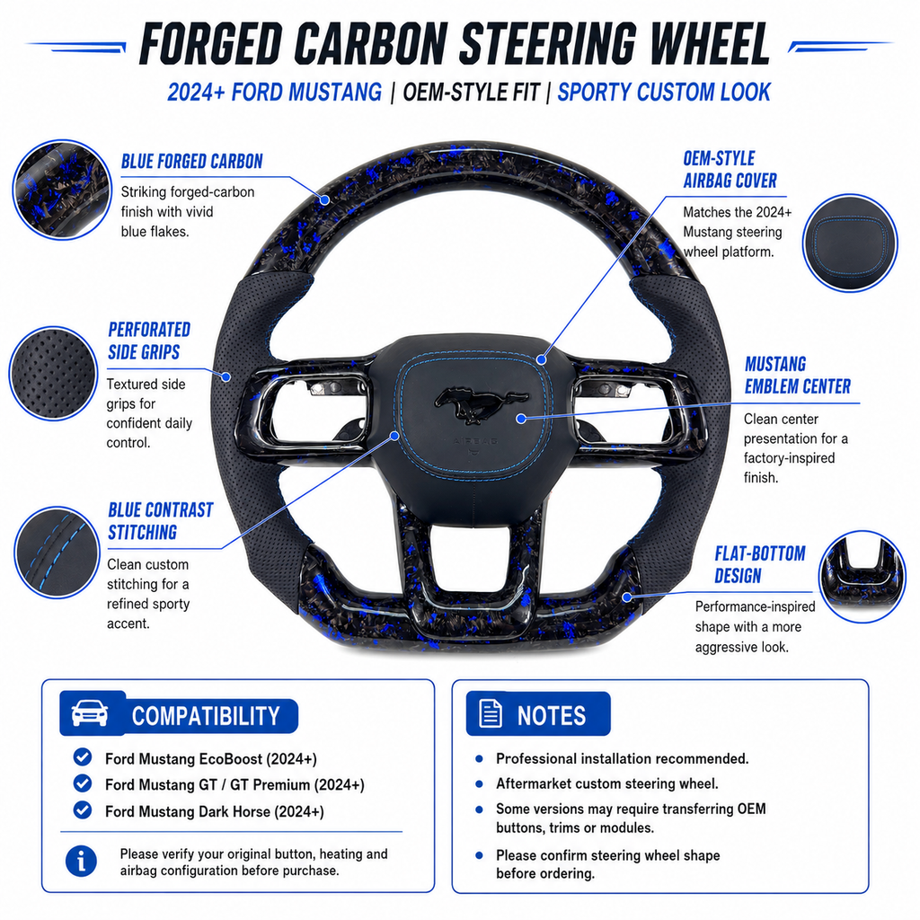 FOR Ford Mustang S650/GT 2024-2026 Carbon Fiber Steering Wheel, Black Carbon Fiber & Black Perforated Leather & LED - CJ Mod Garage & Product Details Image