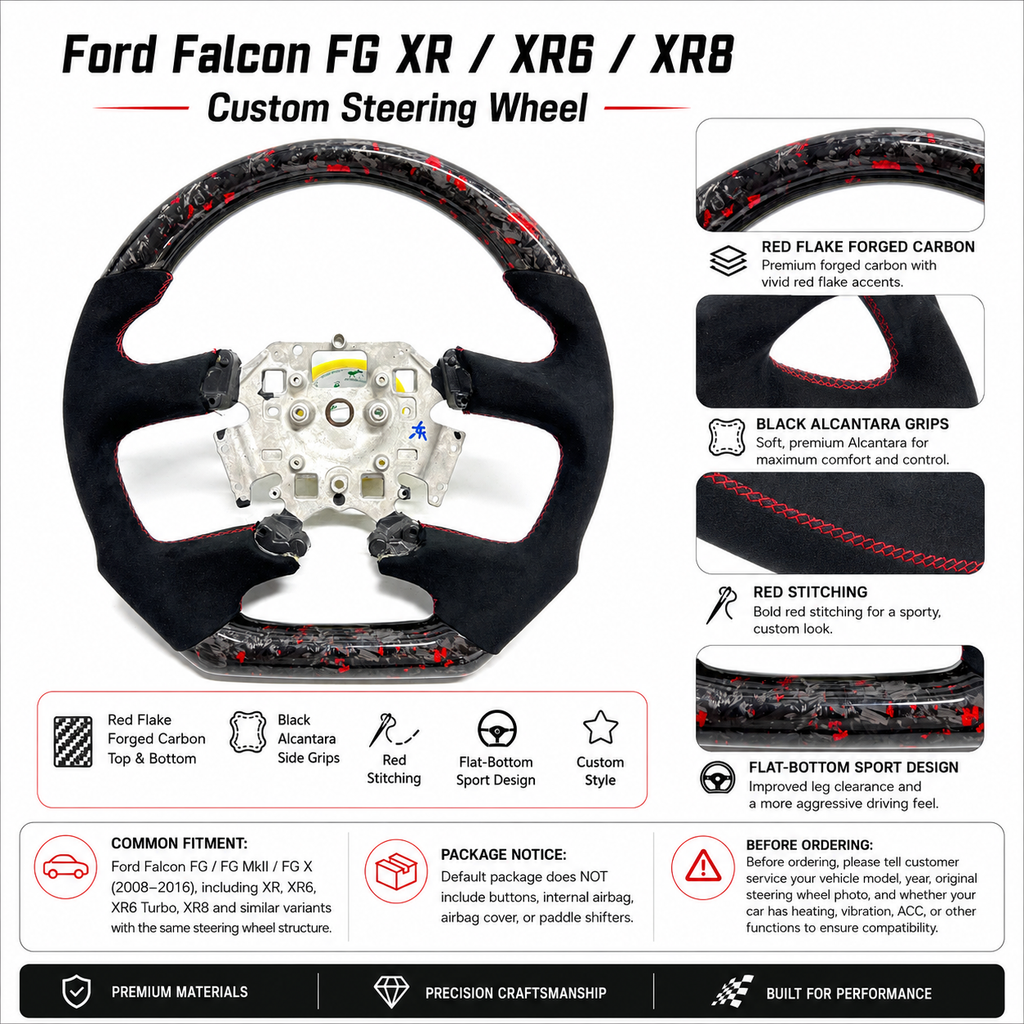 Ford Falcon FG XR XR6 XR8 custom steering wheel detail chart with red flake forged carbon black Alcantara grips and flat bottom design by CJ Mod Garage