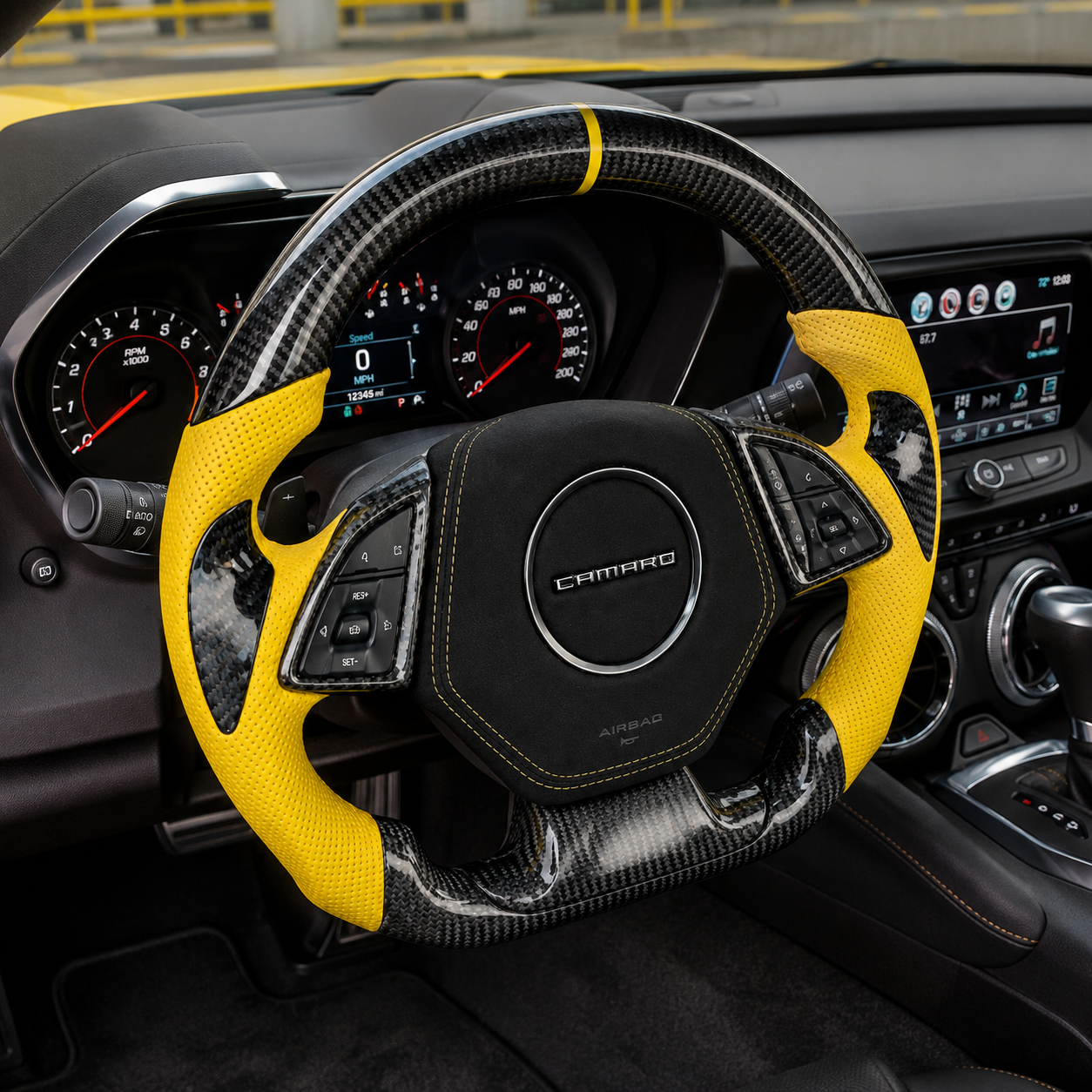 Custom Chevrolet Camaro steering wheel in vehicle interior with gloss carbon fiber finish yellow leather grips and sporty flat bottom design
