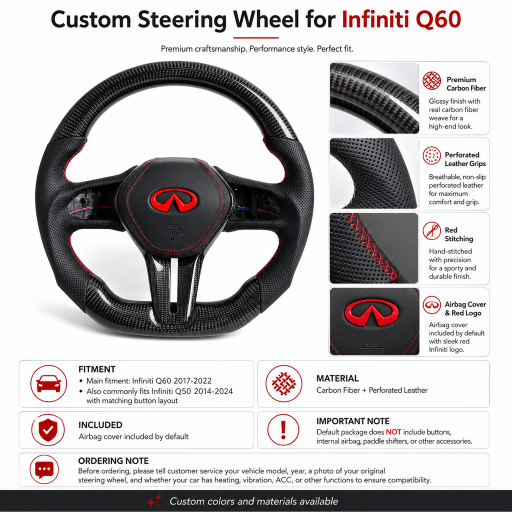 Infiniti Q60 carbon fiber steering wheel with perforated leather grips red contrast stitching matching red Infiniti logo and airbag cover by CJ Mod Garage