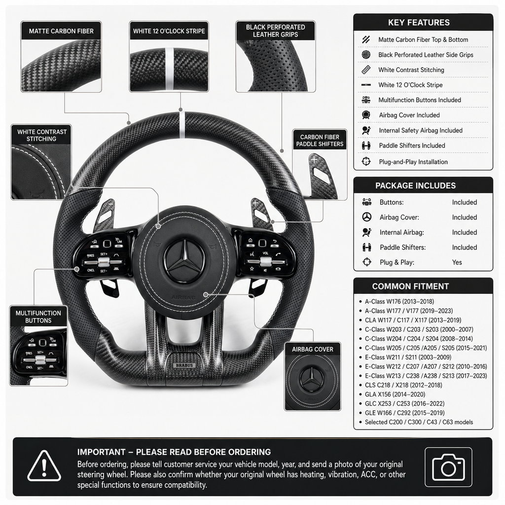 Mercedes AMG carbon fiber steering wheel package with paddle shifters airbag cover for W117 W176 W177 W203 W204 W205 W211 W212 W213 C43 C63 CJ Mod Garage