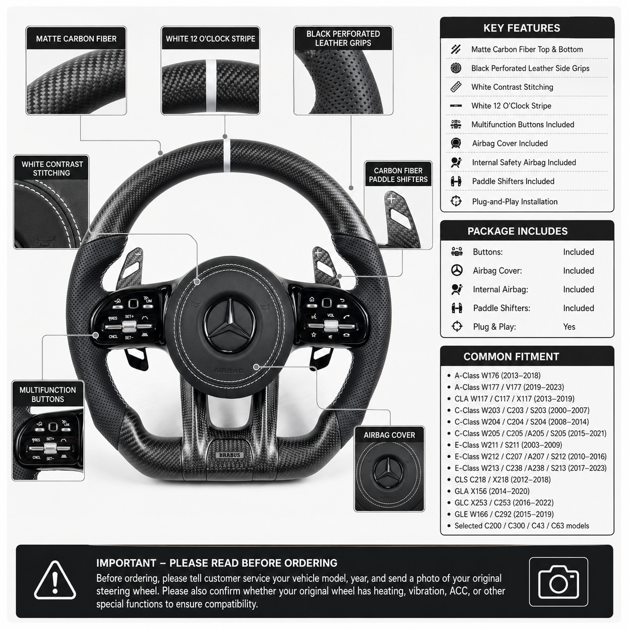 Mercedes AMG carbon fiber steering wheel package with paddle shifters airbag cover for W117 W176 W177 W203 W204 W205 W211 W212 W213 C43 C63 CJ Mod Garage