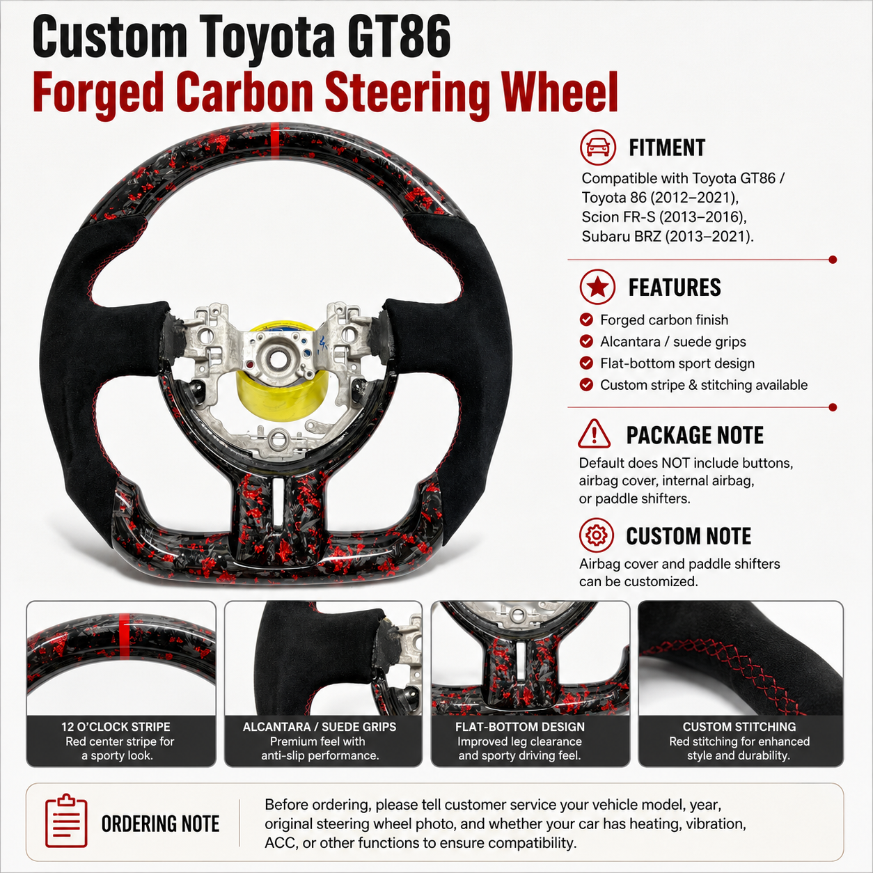 Custom Toyota 86 / GT86 steering wheel crafted from forged carbon fiber and premium Alcantara, featuring red stitching, flat-bottom profile and racing-inspired styling by CJ Mod Garage