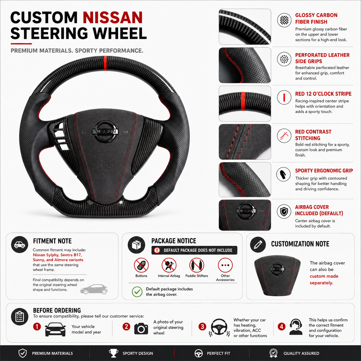 Nissan Sylphy custom forged carbon steering wheel with red 12 oclock marker perforated leather ergonomic grips and Alcantara center section by CJ Mod Garage