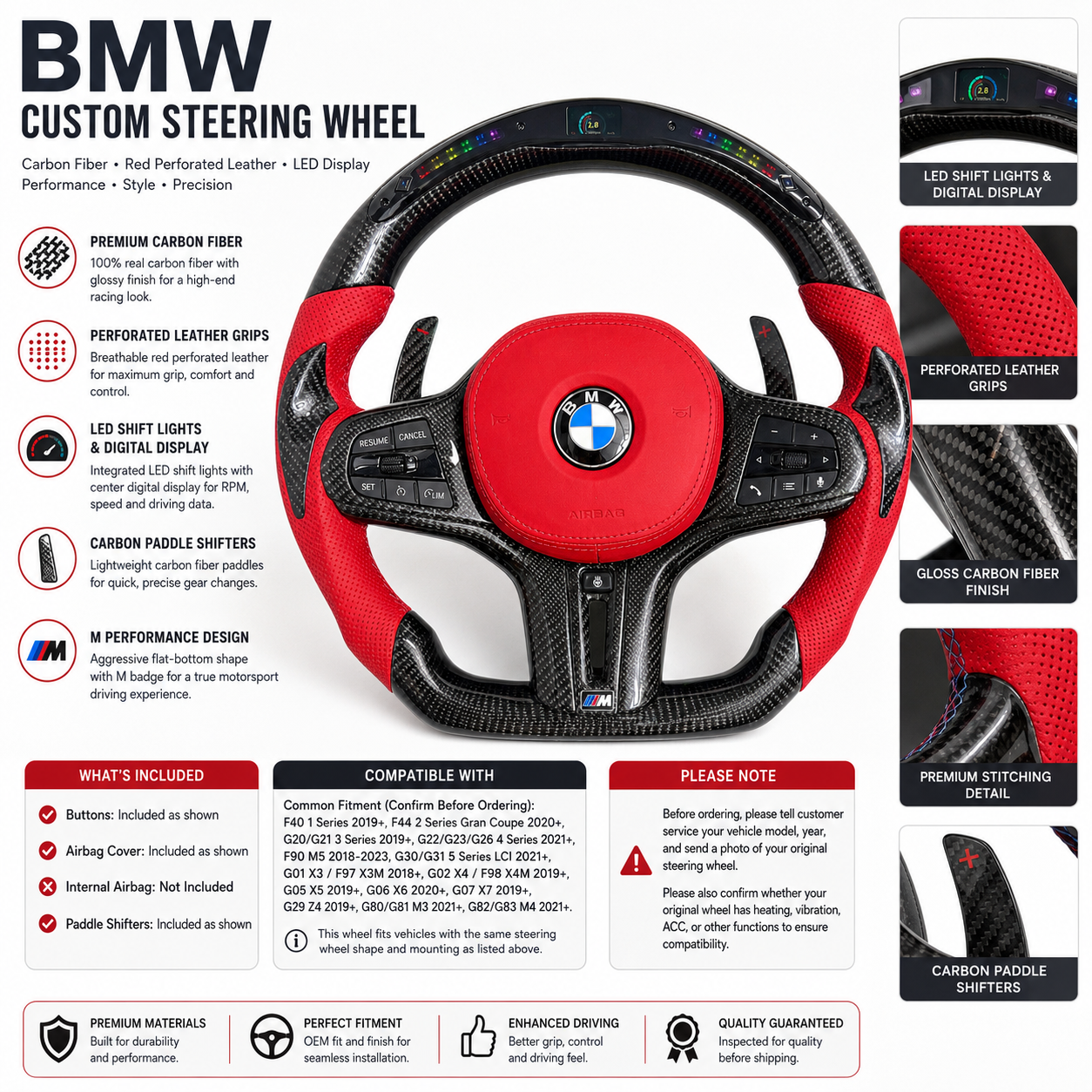 Custom BMW carbon fiber steering wheel with LED display, red leather grips and carbon paddle shifters for G05 G06 G30 F90 models – CJ Mod Garage