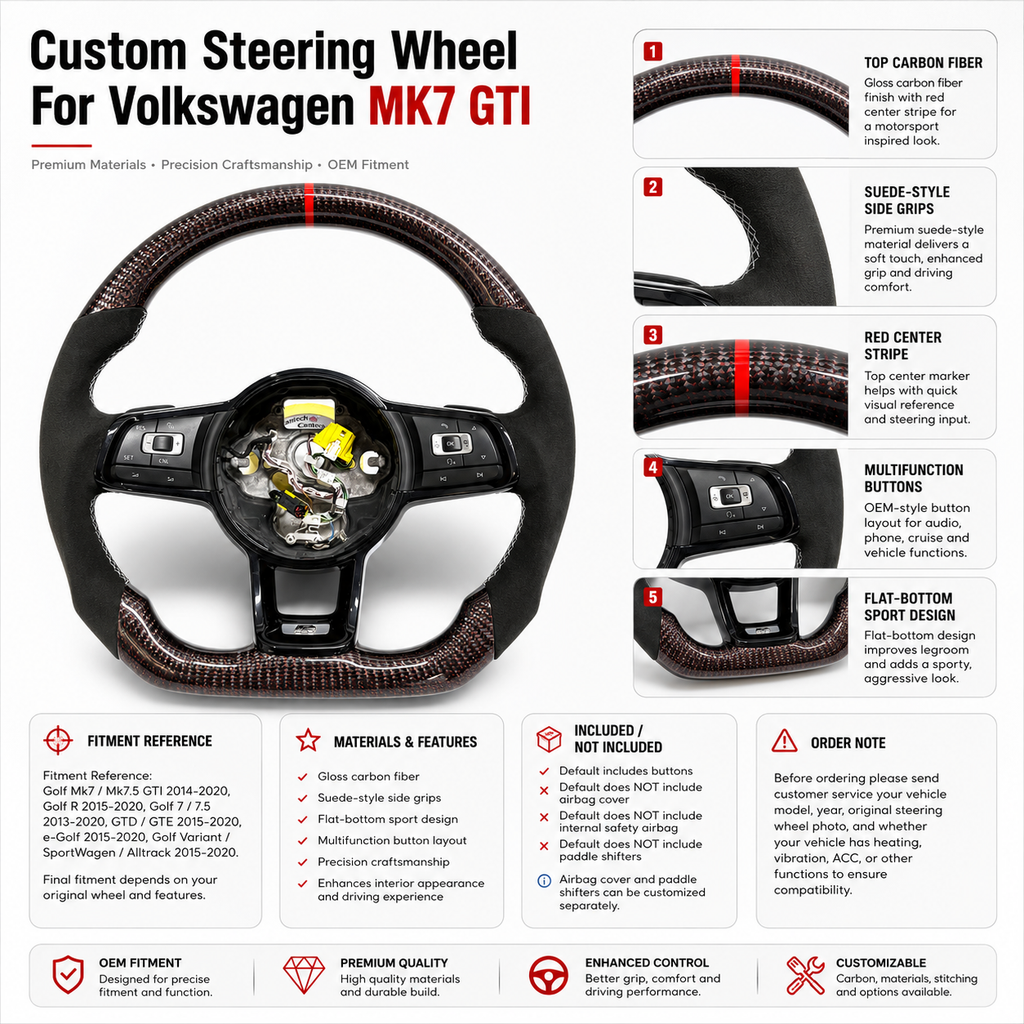 VW Golf GTI Mk7 and Mk7 5 2013 to 2020 red woven carbon suede steering wheel front display CJ Mod Garage