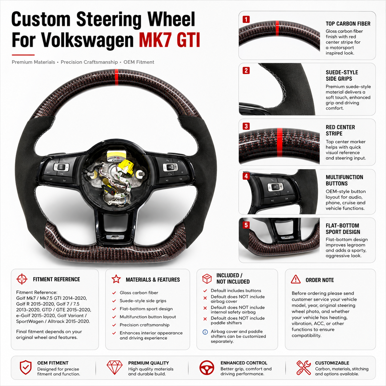 VW Golf GTI Mk7 and Mk7 5 2013 to 2020 red woven carbon suede steering wheel front display CJ Mod Garage
