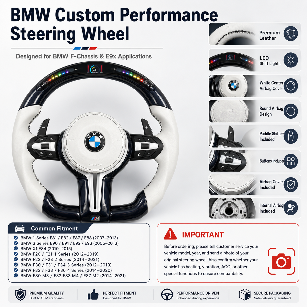 Piano Black Steering Wheel for BMW F10 F11 F15 F18 F20 F23 F25 F30 F32 F35 F40 F80 E84 E87 E90 E92 E93 (2005-2019) - CJ Mod Garage 2