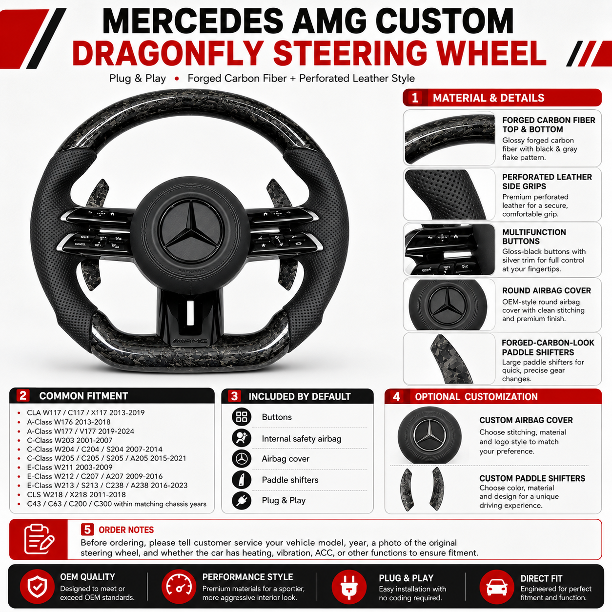 Mercedes W177 A-Class 2019-2024 forged carbon Dragonfly steering wheel fitment guide by CJ Mod Garage