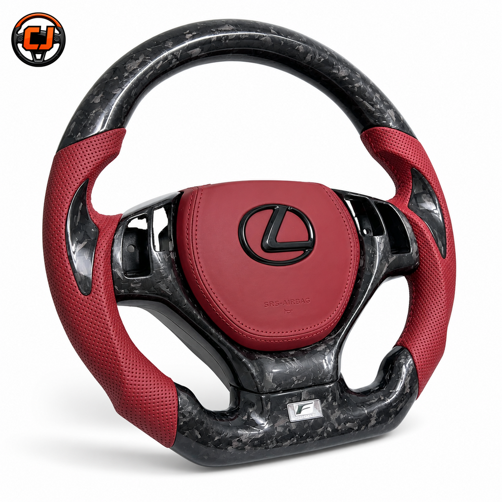 Studio product photo of custom Lexus GS forged carbon fiber steering wheel with red perforated leather grips and red airbag cover