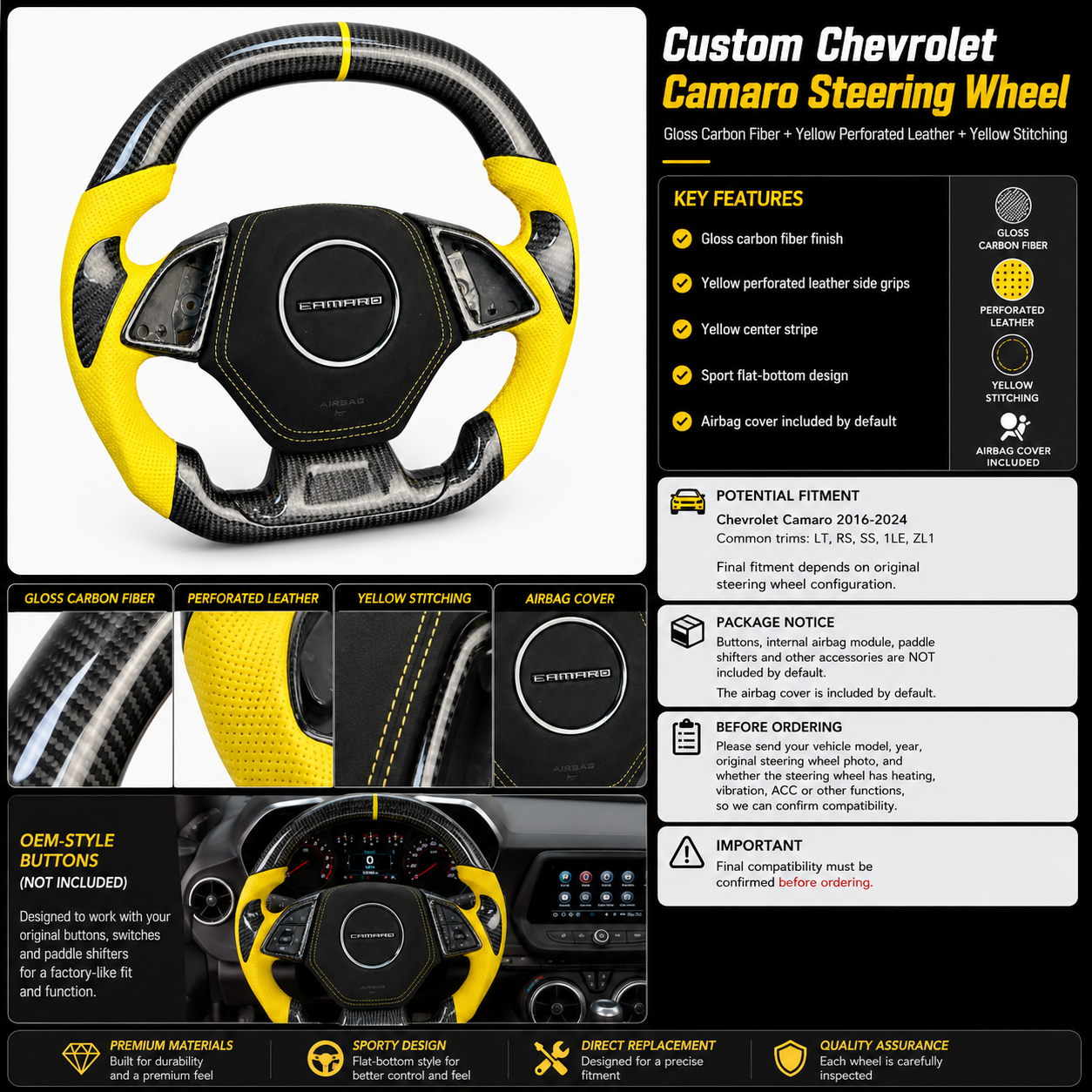 Custom Chevrolet Camaro steering wheel product detail image showing gloss carbon fiber yellow perforated leather yellow stitching and airbag cover included