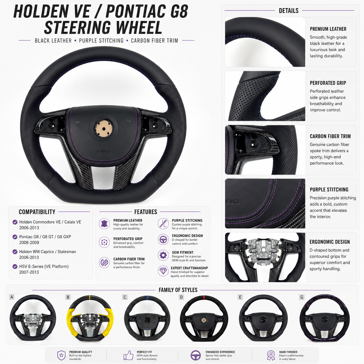 FOR Holden Commodore VE/Pontiac G8 Steering Wheel - Black Alcantara & Black Smooth Leather & Airbag Cover - CJ Mod Garage & Product Details Image