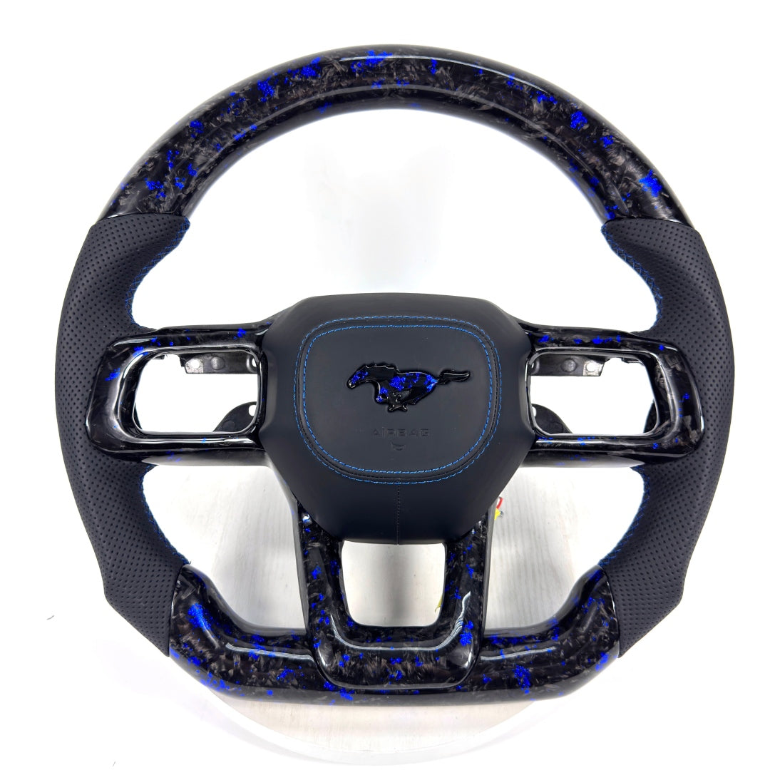 FOR Ford Mustang S650/GT 2024-2026 Carbon Fiber Steering Wheel, Black Carbon Fiber & Black Perforated Leather & LED - CJ Mod Garage &