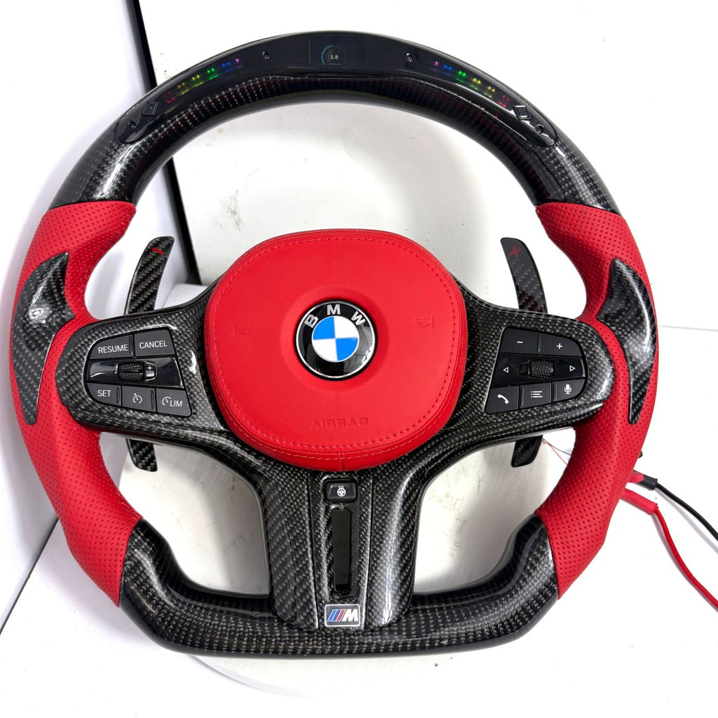 BMW flat-bottom carbon fiber steering wheel with LED shift lights, red airbag cover and perforated leather for G22 G29 G38 F40 models – CJ Mod Garage