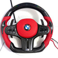 BMW flat-bottom carbon fiber steering wheel with LED shift lights, red airbag cover and perforated leather for G22 G29 G38 F40 models – CJ Mod Garage
