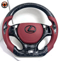 Close up product image of custom Lexus GS carbon fiber steering wheel with red leather airbag cover and red perforated leather side grips