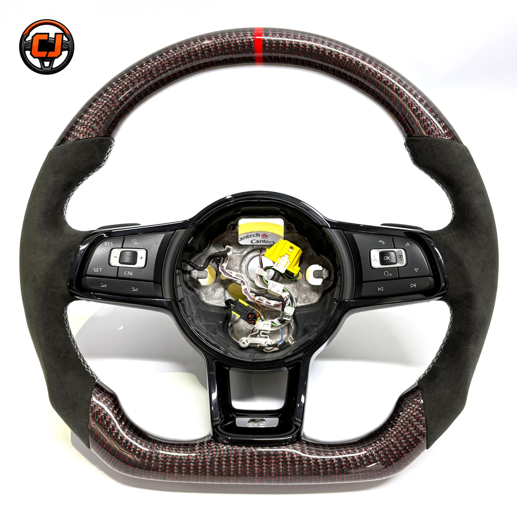 VW Golf GTI Mk7 and Mk7 5 2013 to 2020 red woven carbon steering wheel details with button layout CJ Mod Garage