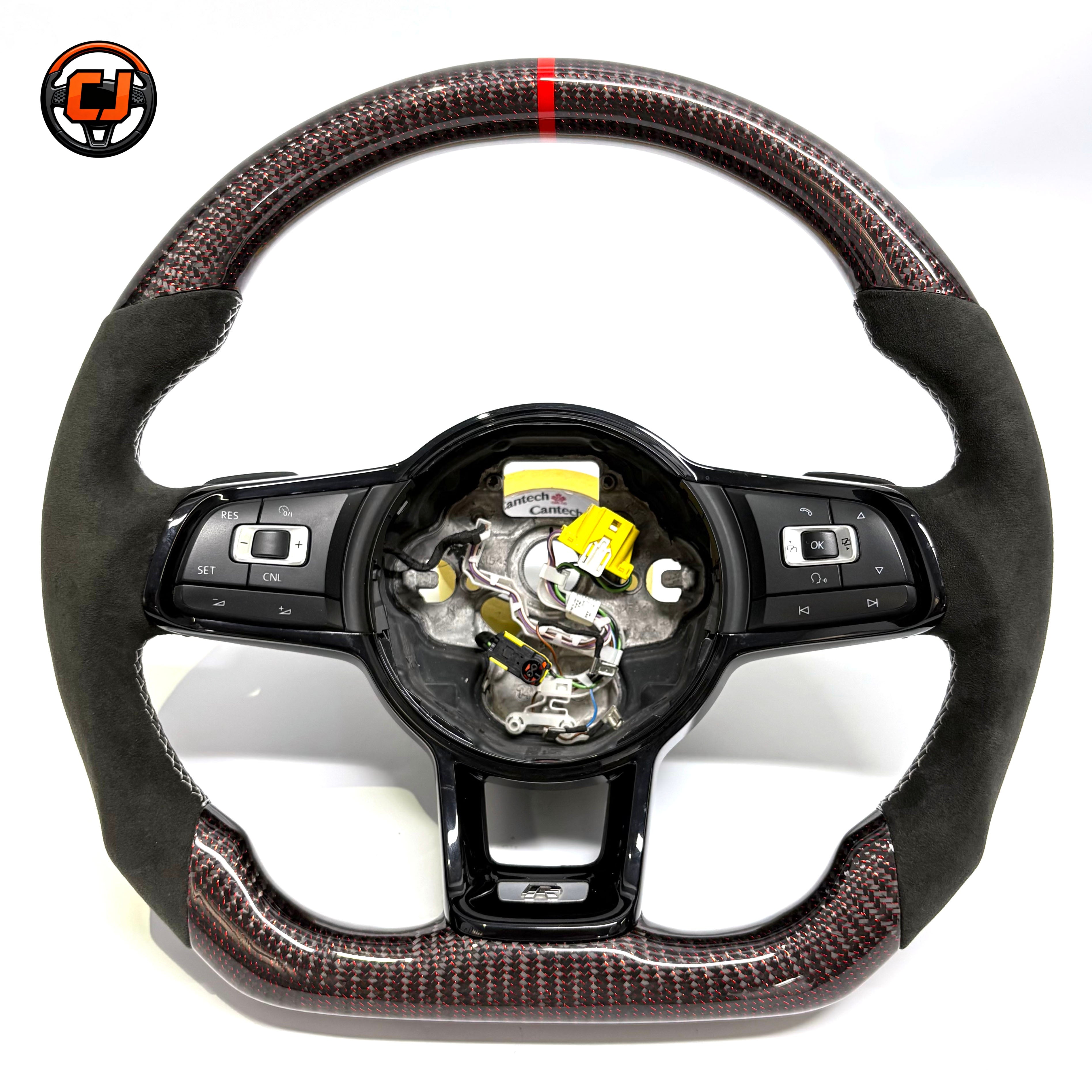 VW Golf GTI Mk7 and Mk7 5 2013 to 2020 red woven carbon steering wheel details with button layout CJ Mod Garage