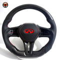 Infiniti Q60 custom steering wheel featuring glossy carbon fiber construction perforated leather grip sections red stitching and flat bottom design by CJ Mod Garage