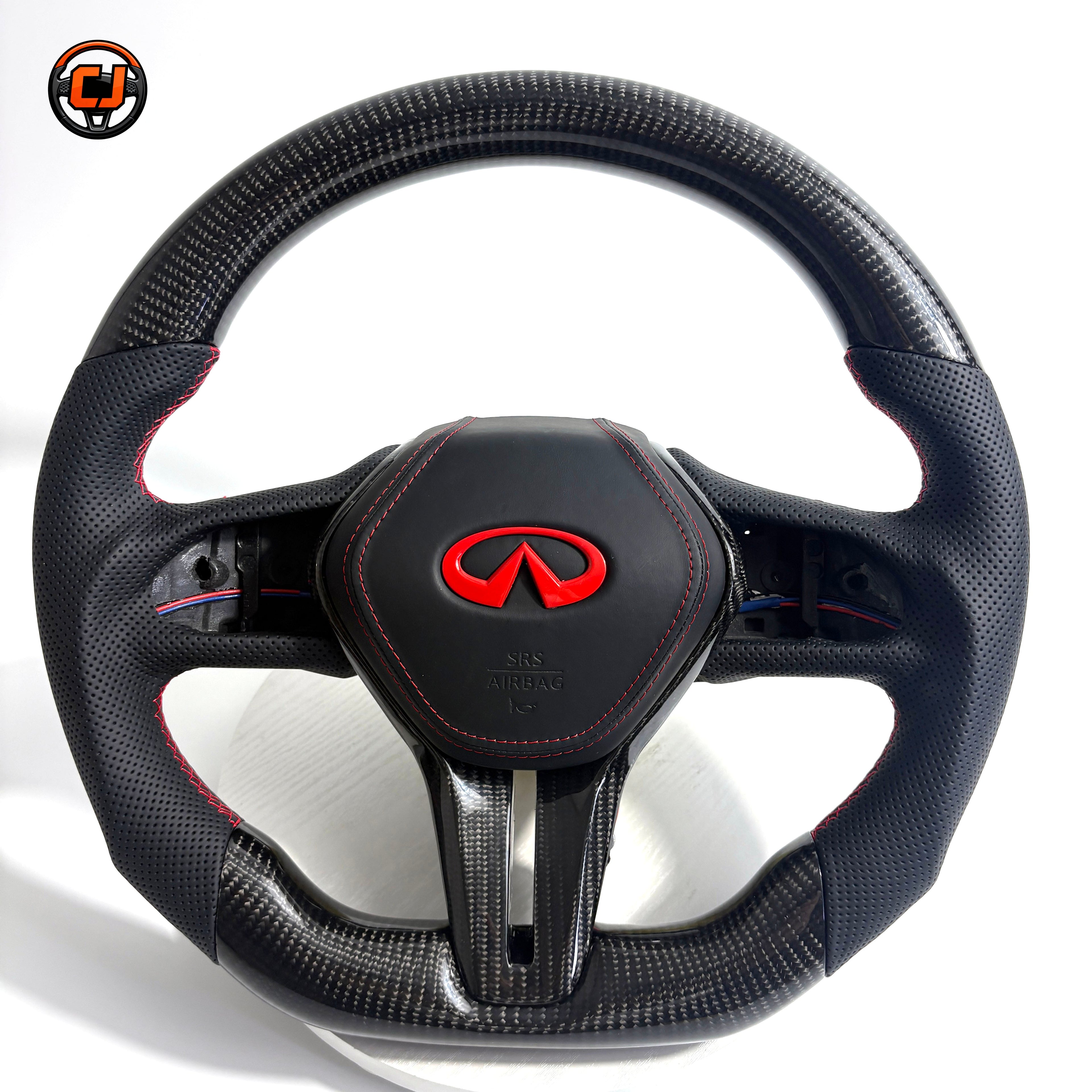 Infiniti Q60 custom steering wheel featuring glossy carbon fiber construction perforated leather grip sections red stitching and flat bottom design by CJ Mod Garage