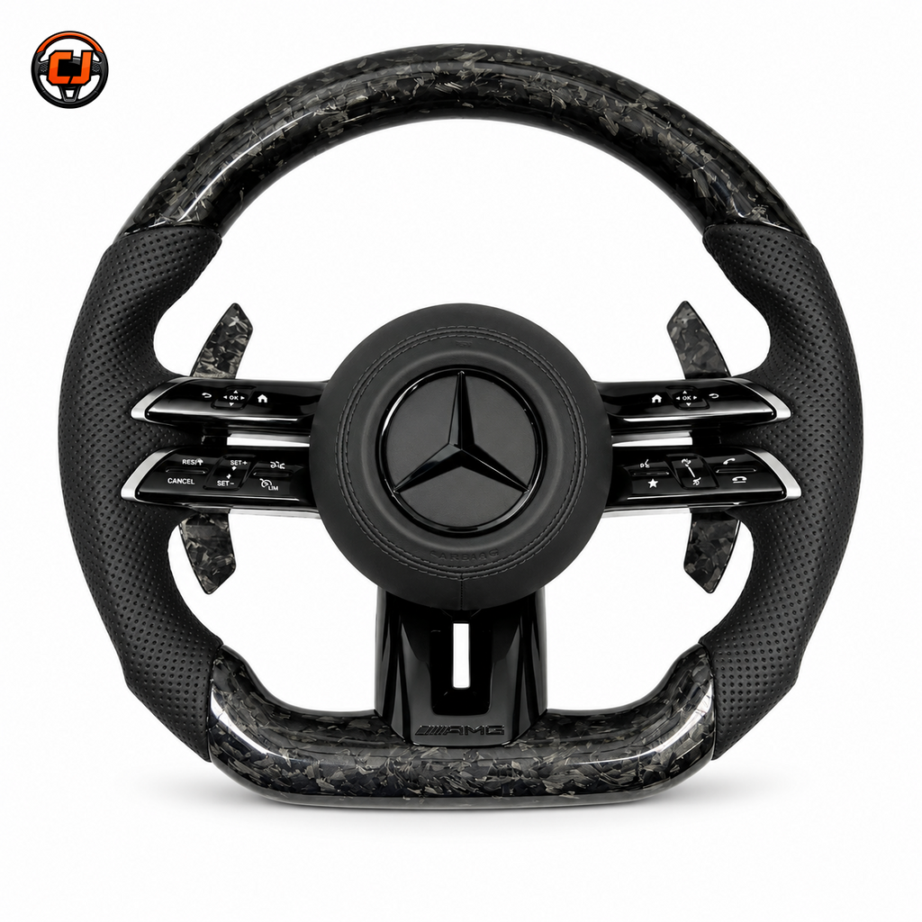 Mercedes W117 CLA 2013-2019 forged carbon AMG steering wheel with suede side grips by CJ Mod Garage