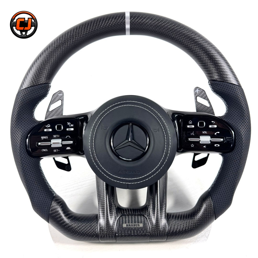 Custom Mercedes AMG steering wheel with matte carbon fiber white stitching and sport grip design for W203 W204 W205 W211 W212 W218 C43 C63 C200 C300 CJ Mod Garage