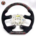 Front view of Ford Falcon FG XR XR6 XR8 custom steering wheel with red flake forged carbon black Alcantara and red stitching by CJ Mod Garage