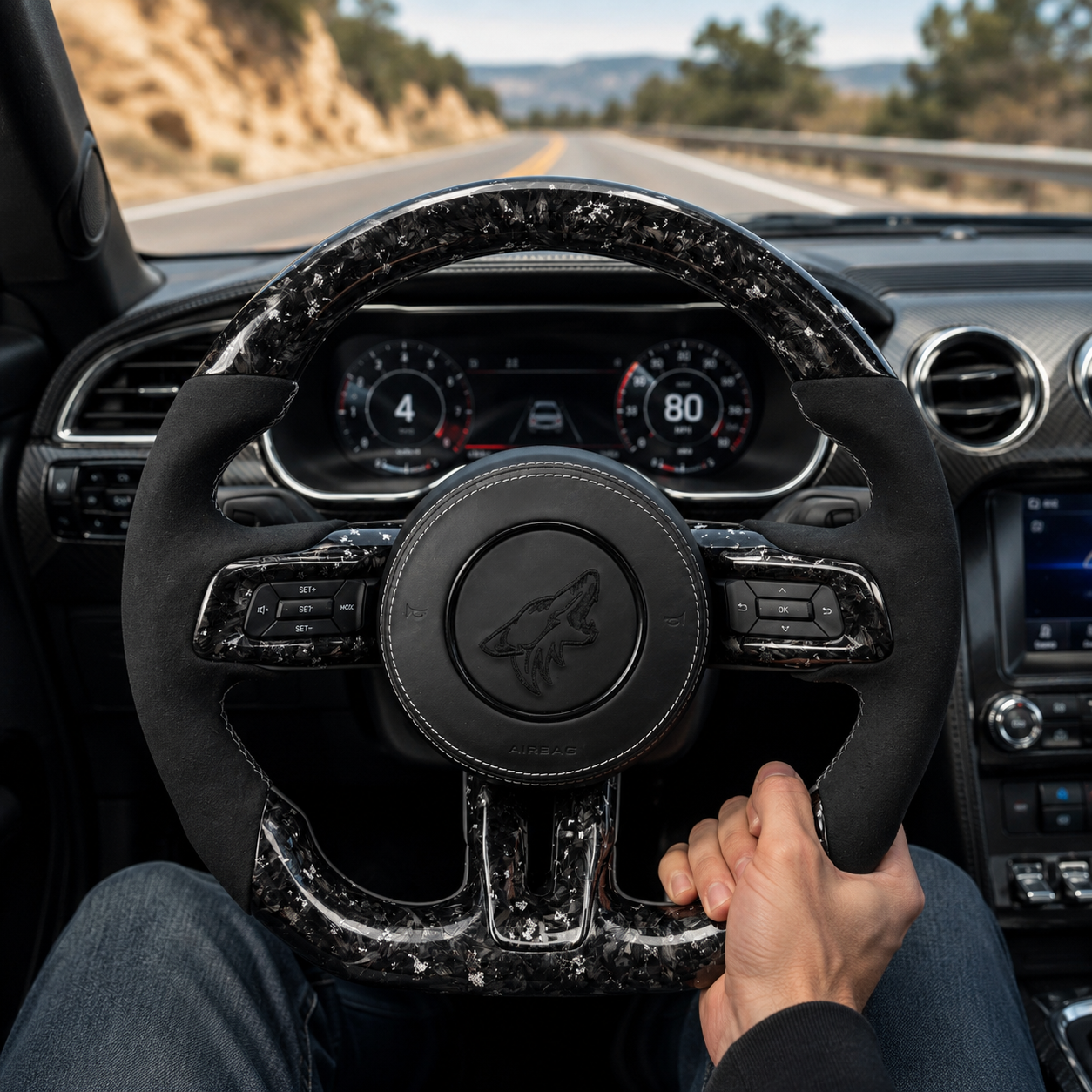 FOR Ford Mustang S550/GT 2015-2023 Carbon Fiber Steering Wheel - Silver Forged Carbon Fiber & Black Alcantara & Airbag Cover - CJ Mod Garage & Driving Scene Images