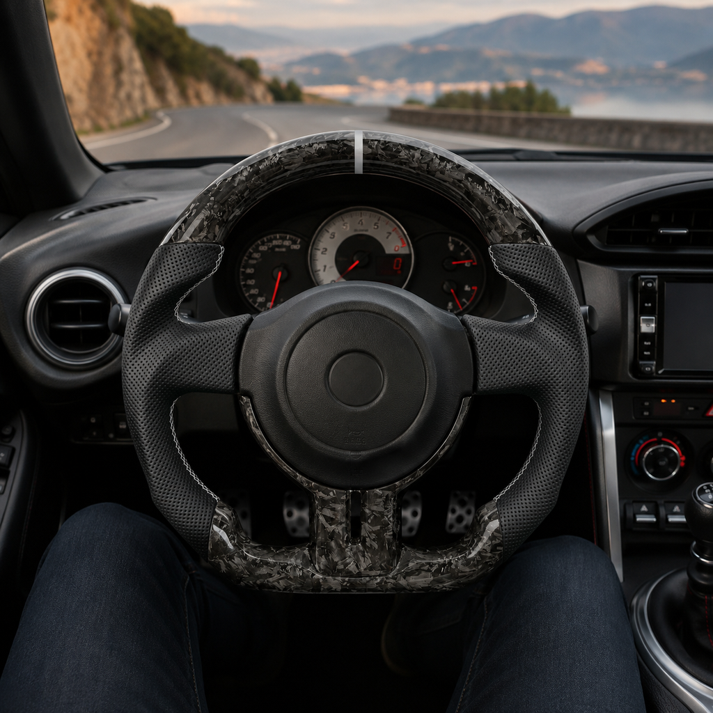 Toyota GT86 custom forged carbon steering wheel with gray flake carbon finish, perforated leather grips, white center marker and flat-bottom performance shape by CJ Mod Garage