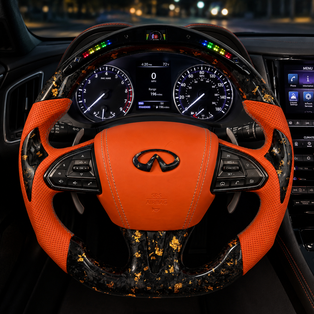 Infiniti Q50 Q60 forged carbon steering wheel with gold flakes orange perforated leather LED shift light display and custom airbag cover by CJ Mod Garage