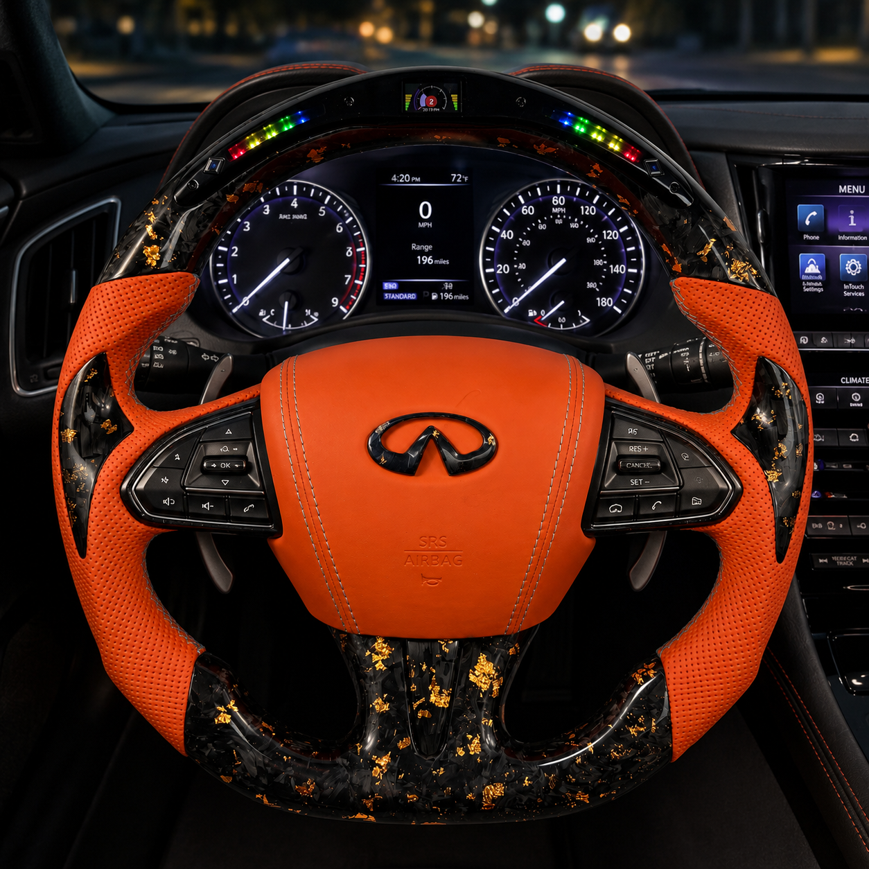 Infiniti Q50 Q60 forged carbon steering wheel with gold flakes orange perforated leather LED shift light display and custom airbag cover by CJ Mod Garage