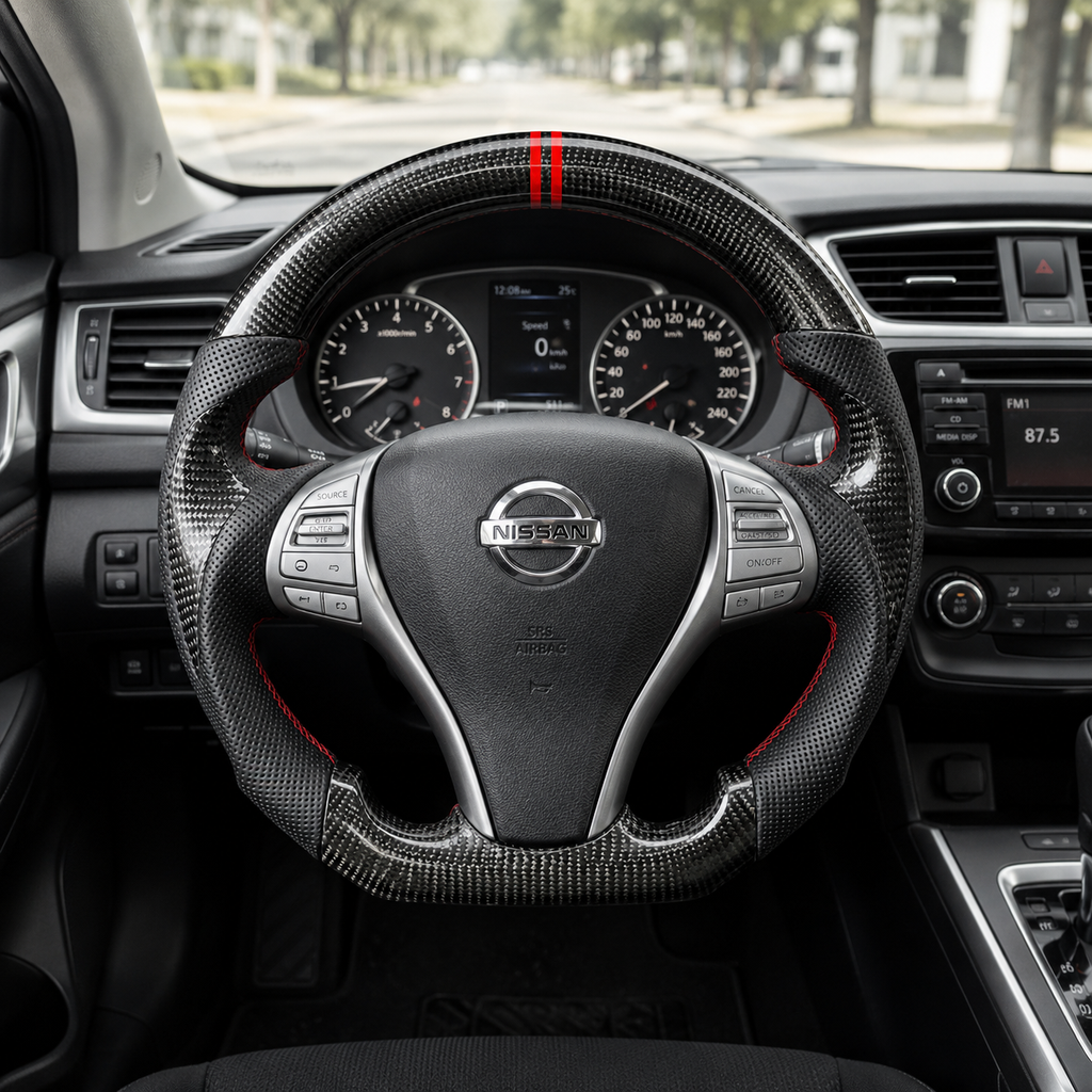 Nissan Sylphy Sentra B17 custom carbon fiber steering wheel with perforated leather grips red stitching and dual red center marker by CJ Mod Garage