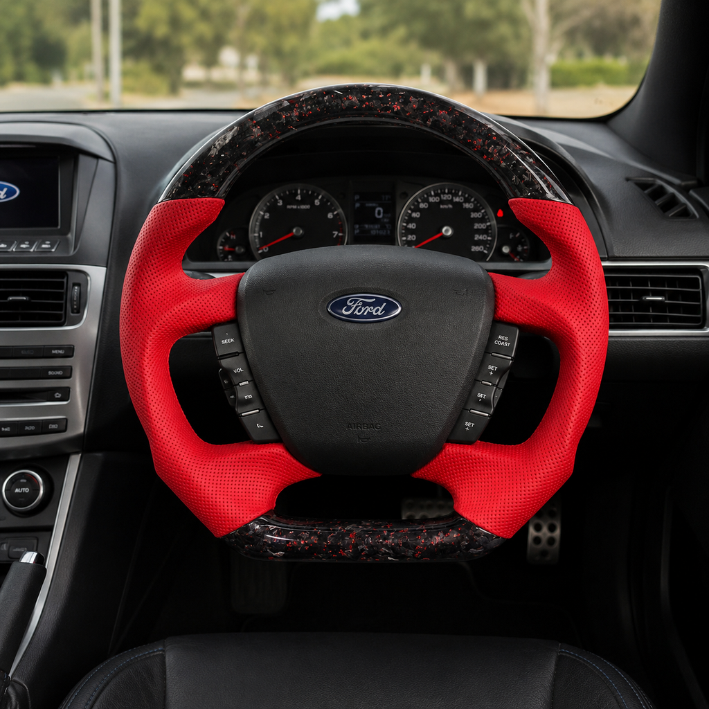 Ford Falcon FG XR XR6 XR8 custom steering wheel installed in car with red flake forged carbon and red perforated leather by CJ Mod Garage