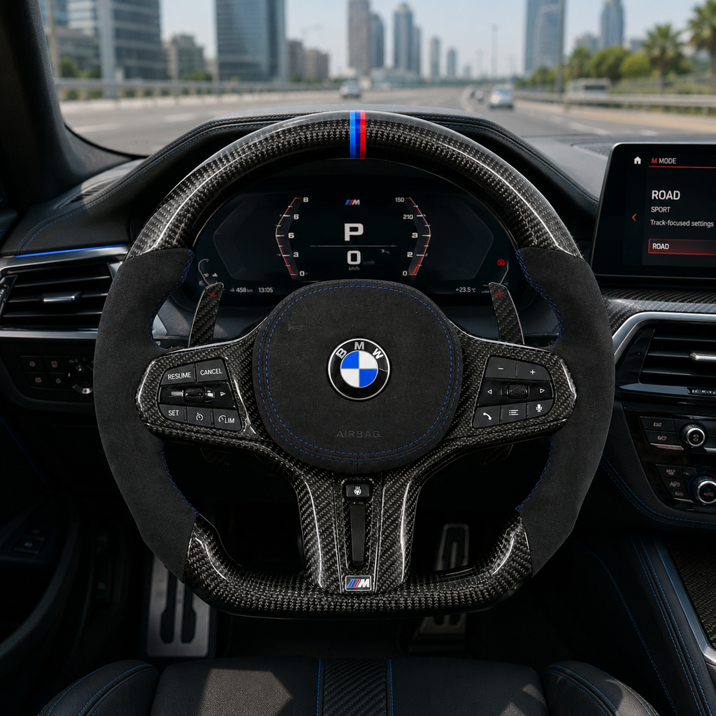 BMW custom carbon fiber steering wheel with Alcantara grips and blue stitching installed in BMW G20 G80 interior for G02 G05 G06 G30 F90 by CJ Mod Garage