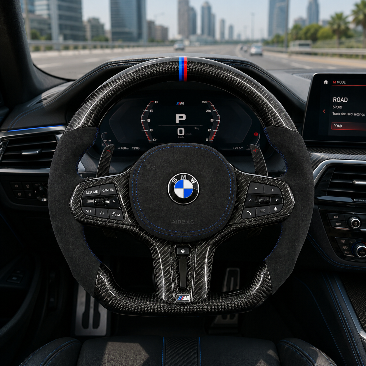 BMW custom carbon fiber steering wheel with Alcantara grips and blue stitching installed in BMW G20 G80 interior for G02 G05 G06 G30 F90 by CJ Mod Garage