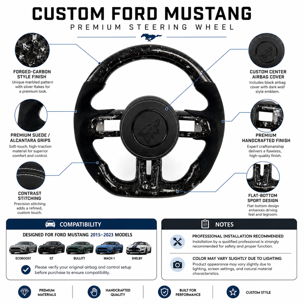 FOR Ford Mustang S550/GT 2015-2023 Carbon Fiber Steering Wheel - Silver Forged Carbon Fiber & Black Alcantara & Airbag Cover - CJ Mod Garage & Product Details Image