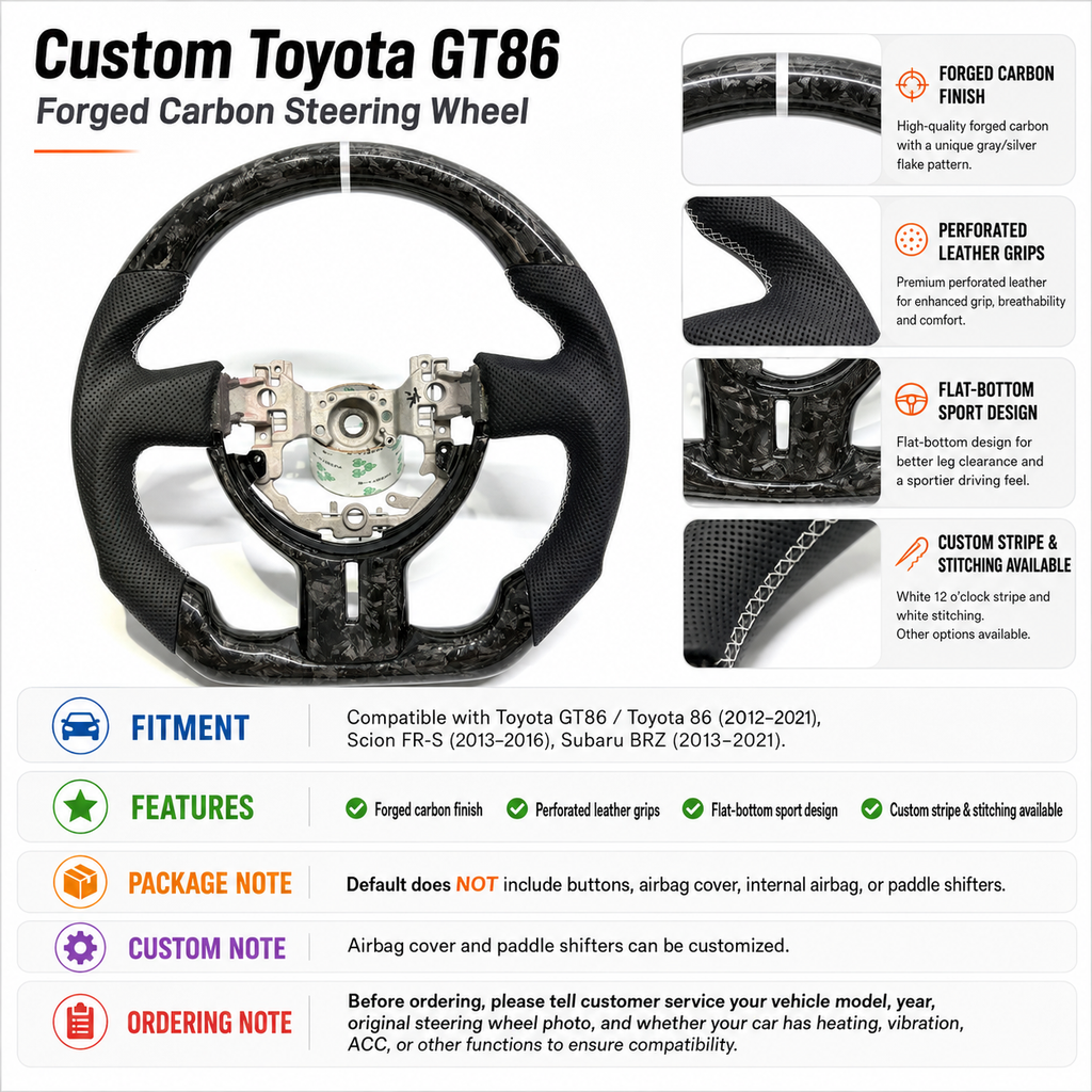 Toyota 86 / Scion FR-S / Subaru BRZ forged carbon fiber steering wheel featuring gray-silver carbon flakes, perforated leather sections and white contrast stitching by CJ Mod Garage