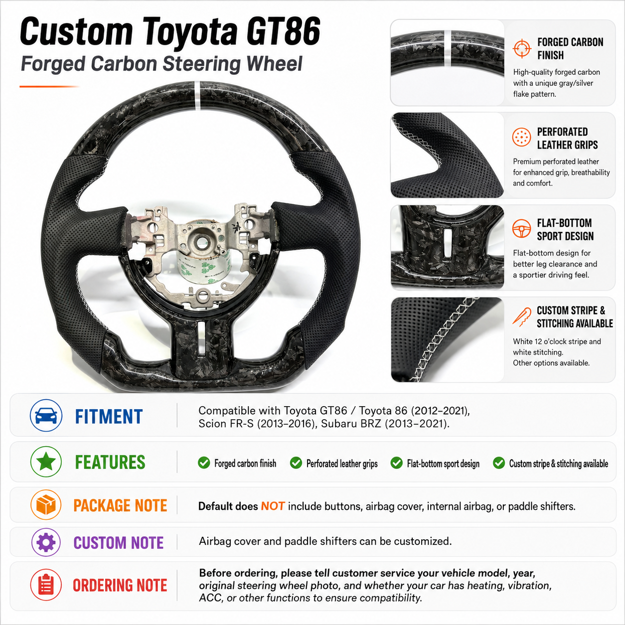 Toyota 86 / Scion FR-S / Subaru BRZ forged carbon fiber steering wheel featuring gray-silver carbon flakes, perforated leather sections and white contrast stitching by CJ Mod Garage