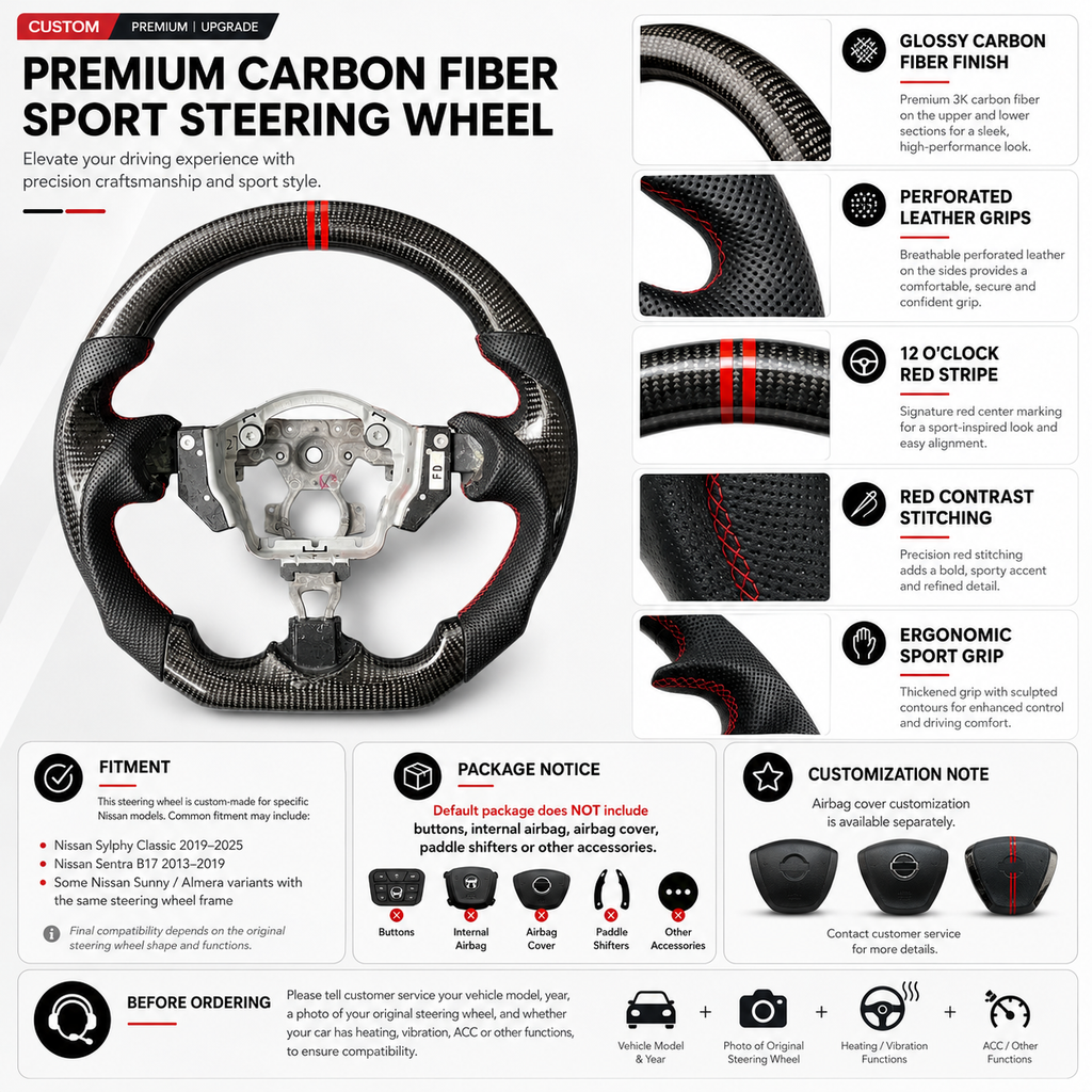 Nissan Sentra B17 forged carbon steering wheel featuring gloss carbon fiber finish perforated leather sides ergonomic grips and red contrast stitching by CJ Mod Garage