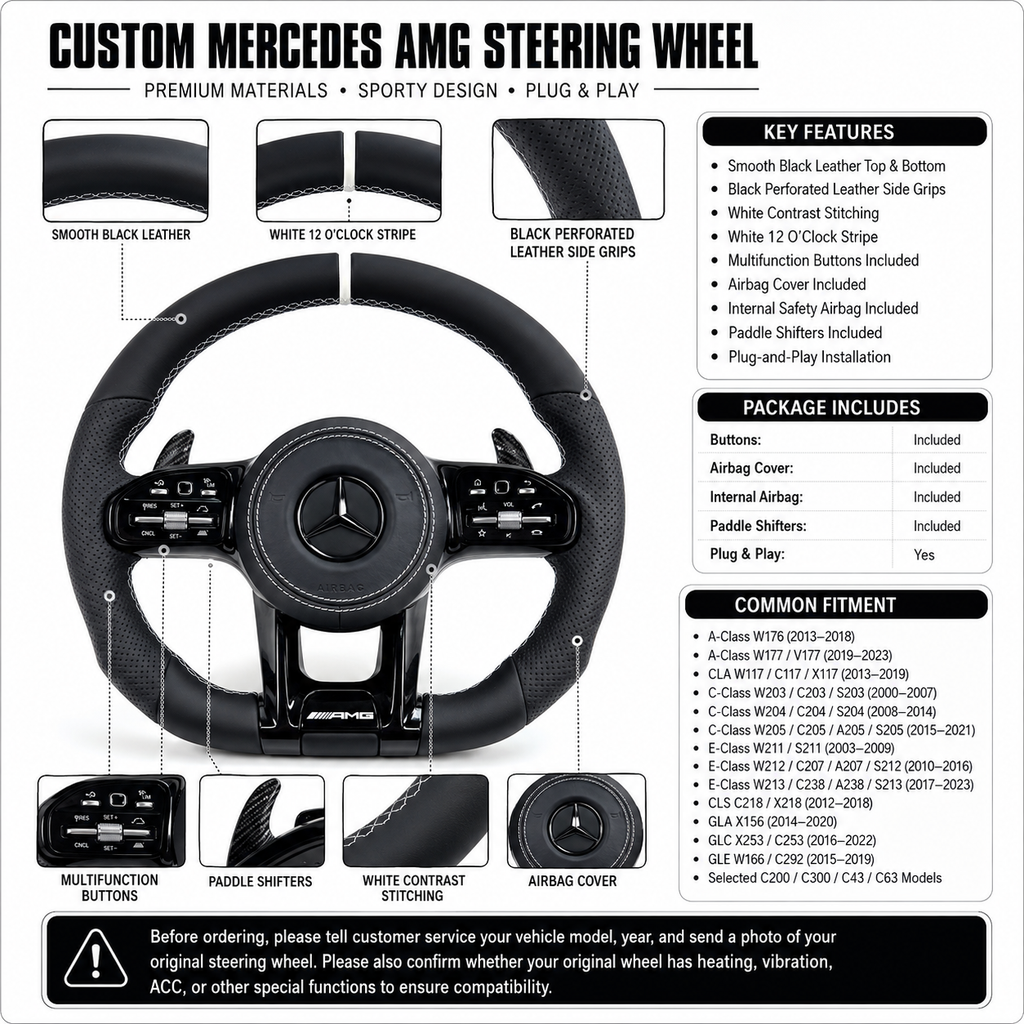 Custom Mercedes AMG steering wheel with black perforated leather and white contrast stitching for W203 W204 W205 W211 W212 W218 C43 C63 CJ Mod Garage