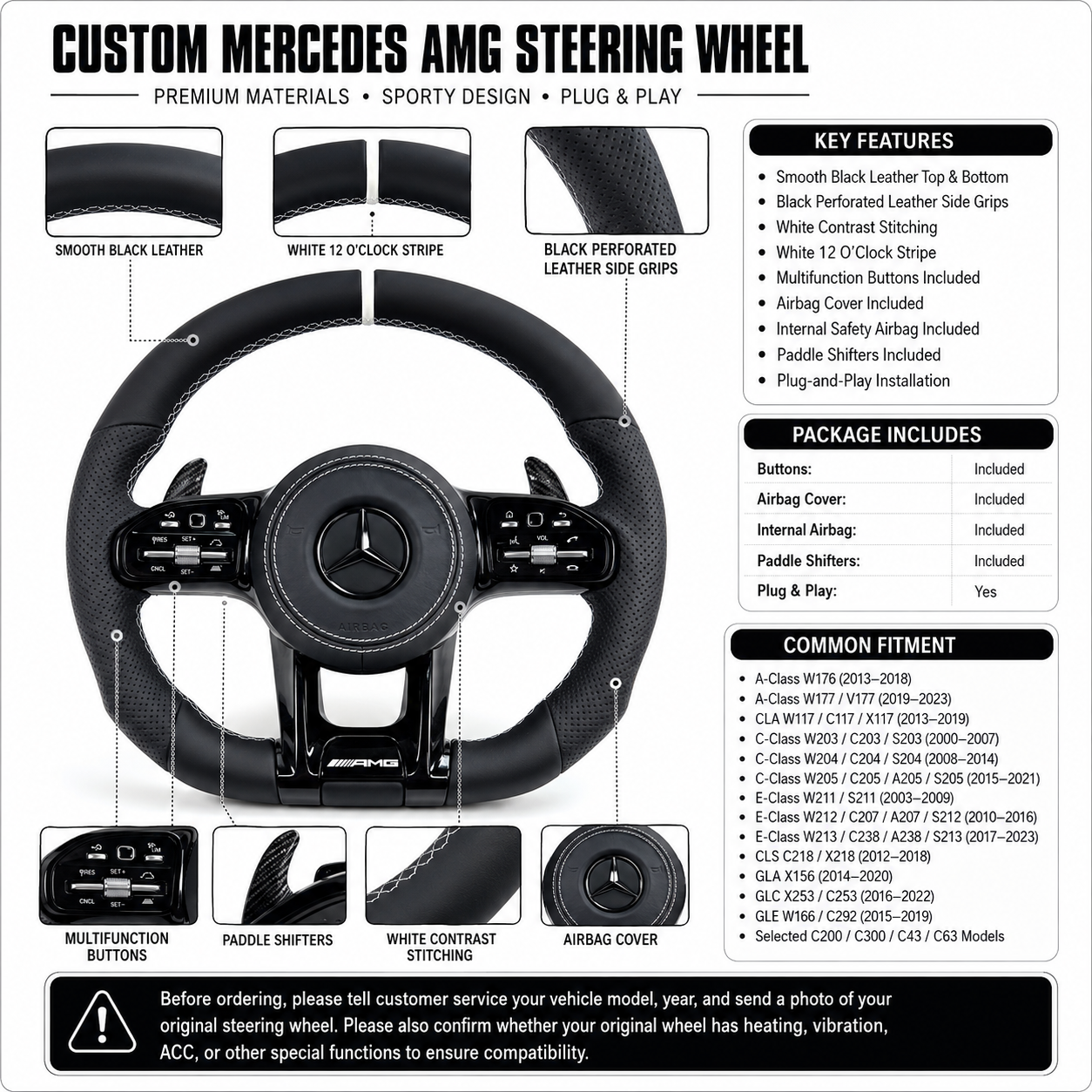 Custom Mercedes AMG steering wheel with black perforated leather and white contrast stitching for W203 W204 W205 W211 W212 W218 C43 C63 CJ Mod Garage