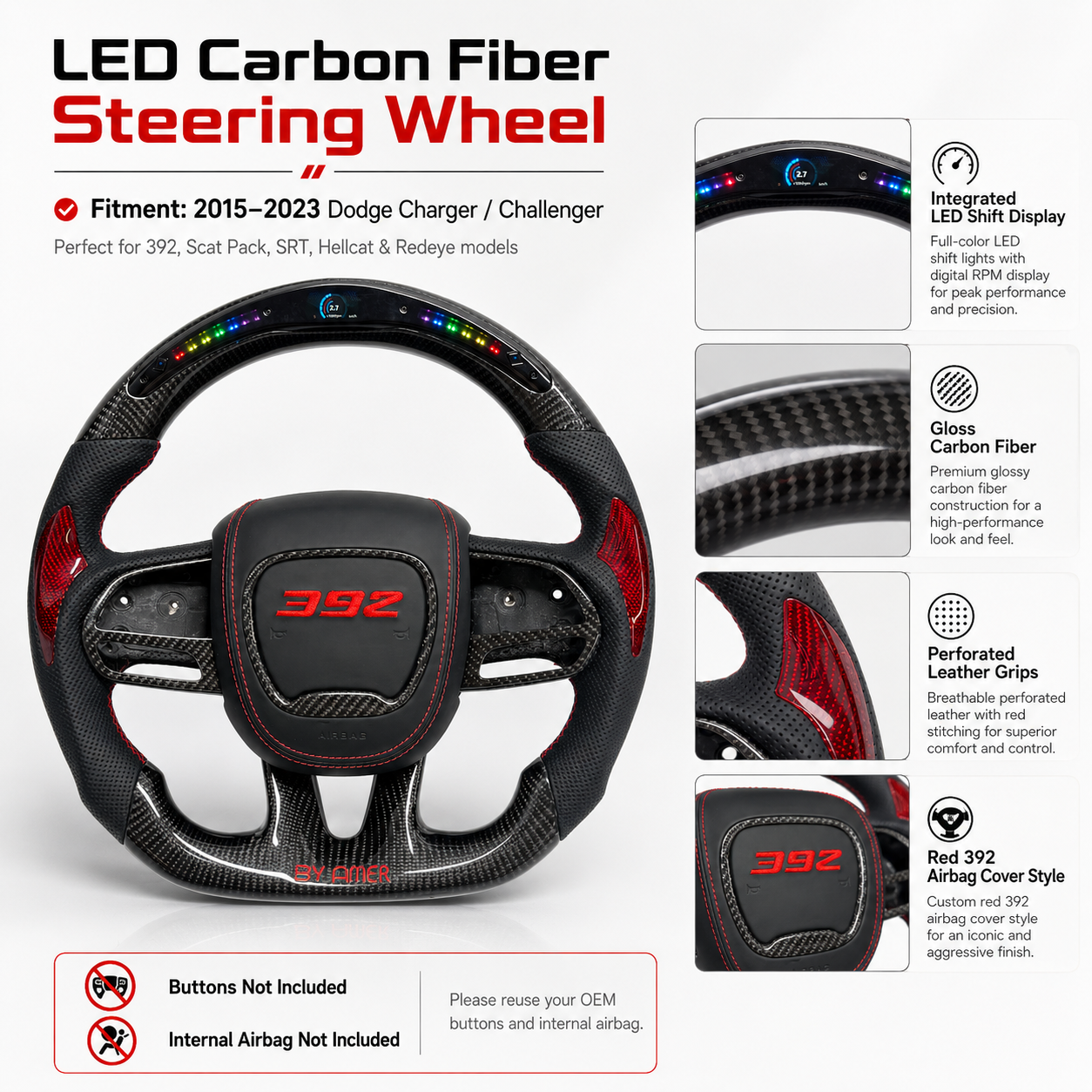 For Dodge Charger Challenger Hellcat Charger Durango SRT RT GT 2015-2023 Carbon Fiber Steering Wheel - CJ Mod Garage 53