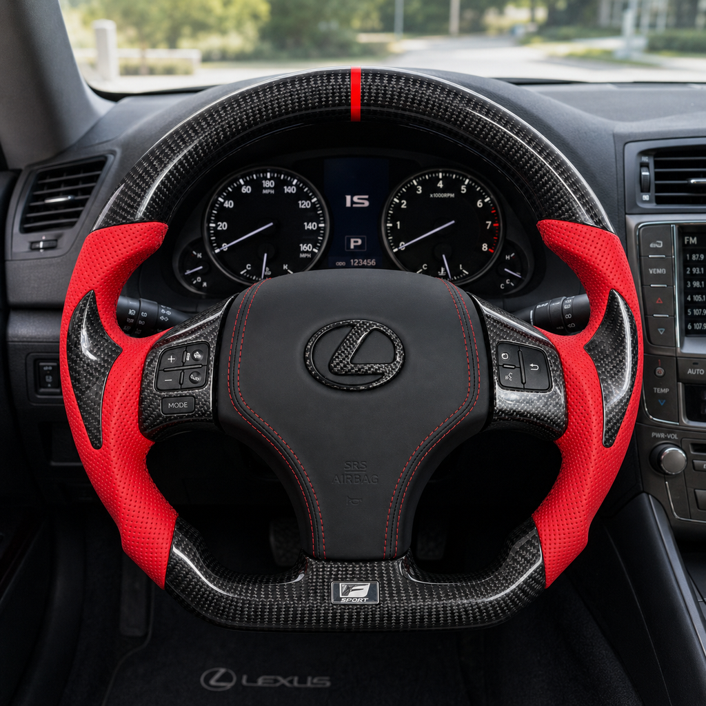 Front interior view of custom Lexus IS series carbon fiber steering wheel with red perforated leather side grips, red center stripe, black airbag cover and red stitching